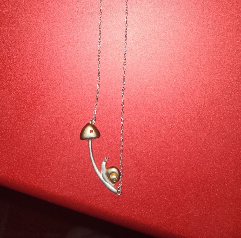 925 Sterling Silver 16" Necklace– Snail & Mushroom Nature Design Pendant